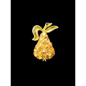 Signed MAMSELLE Gold Tone Pear Yellow Rhinestone Vintage Brooch Jewelry - 3/4"